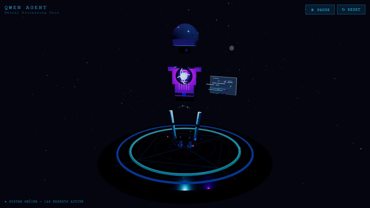 Qwopus Coder Q5 Qwen Agent Bot with cyan and violet lighting, holographic interface, star field, and circular platform